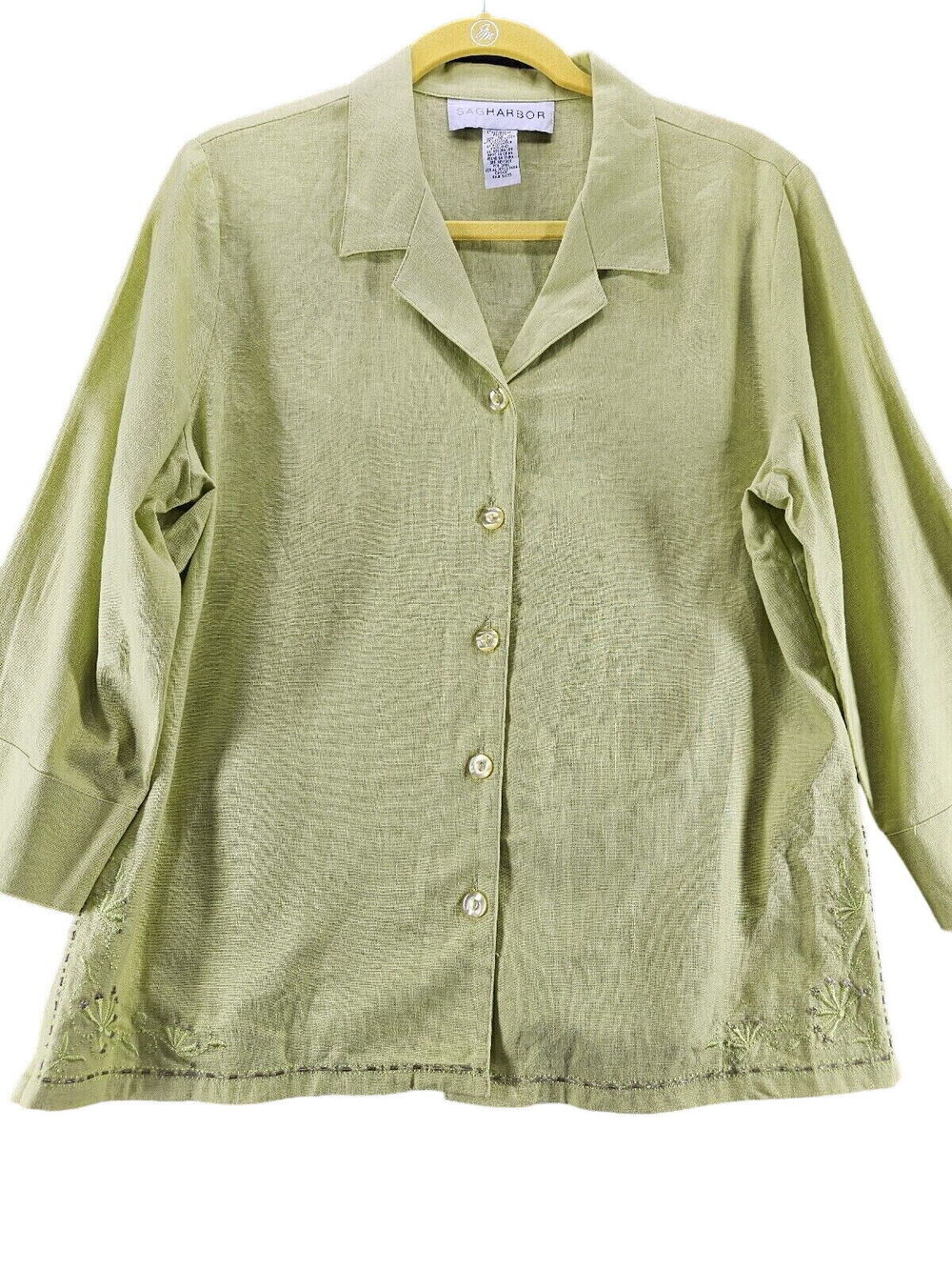 Sag Harbor Womens Button Up Green Size 12 Linen Blend Long Sleeve Collar